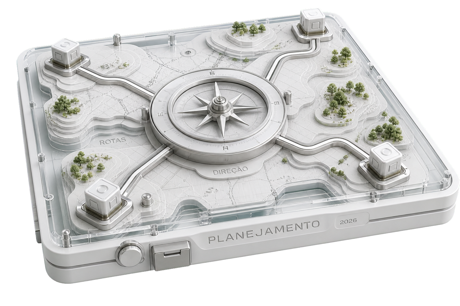 Maquete técnica branca com bússola central, rotas, microvegetação e gravações de planejamento estratégico.